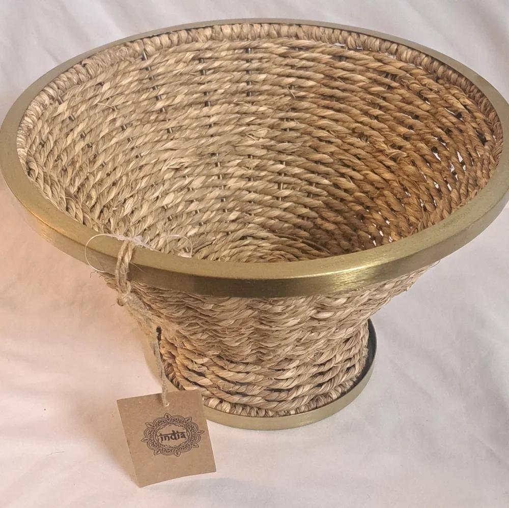 Handwoven Seagrass Basket Bowl Gold Trim Planter Boho Decor India 10in